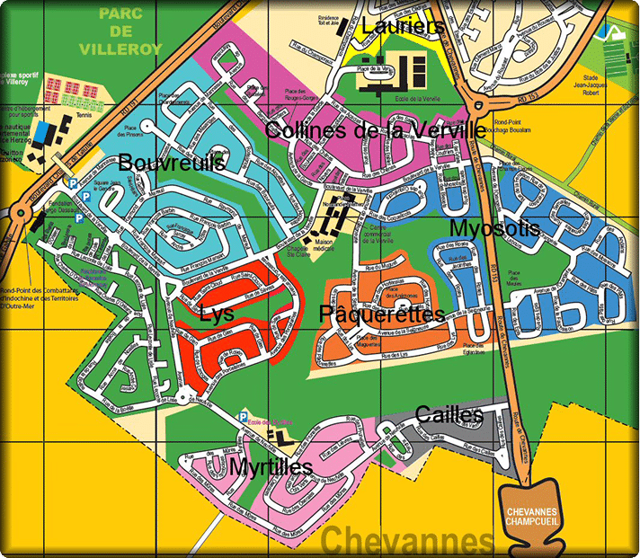 Plan du quartier résidentiel de Mennecy avec les secteurs Lys, Pâquerettes, Myosotis, Bouleaux, Myrtilles, Cailles, Lauriers et Collines de la Verville